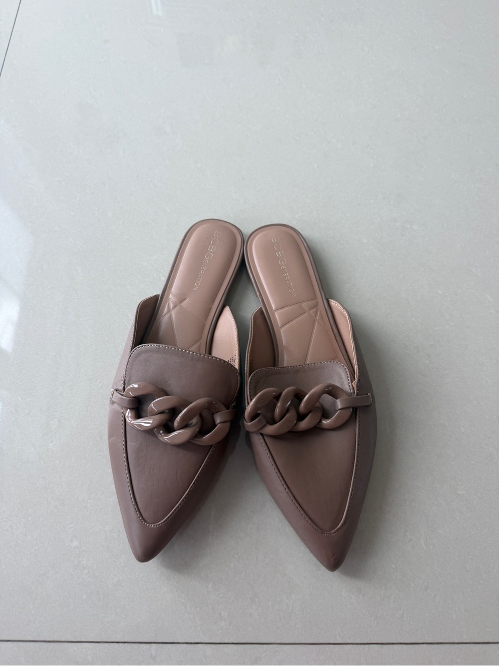 BCBGeneration Brown Pointed Chain-Trim Slip-On Mules